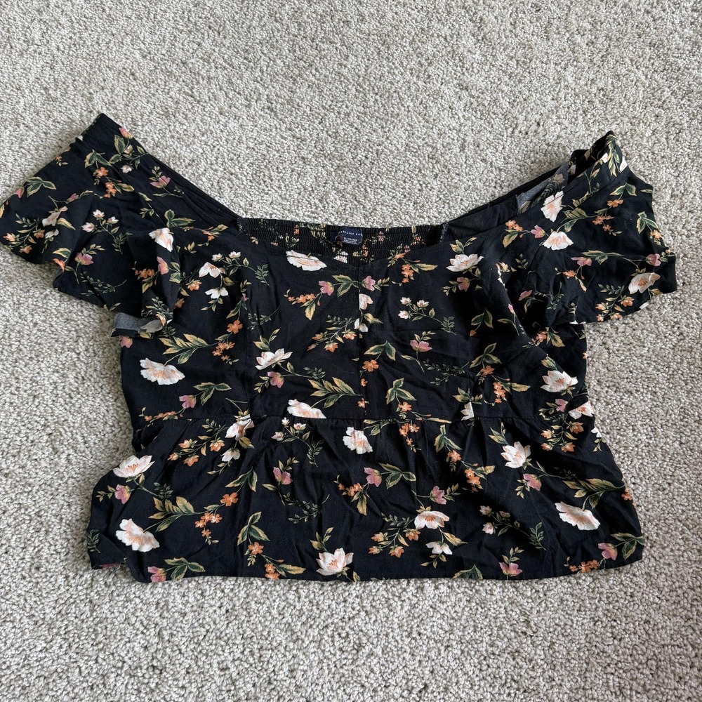 American Eagle Blouse Womens XL Black Floral Off Shoulder Ruffle Crop Top